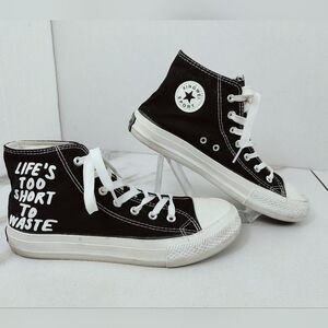 Xingwei Sport Life's Too Short To Waste Black White Lace Up High Top Sneakers, 9